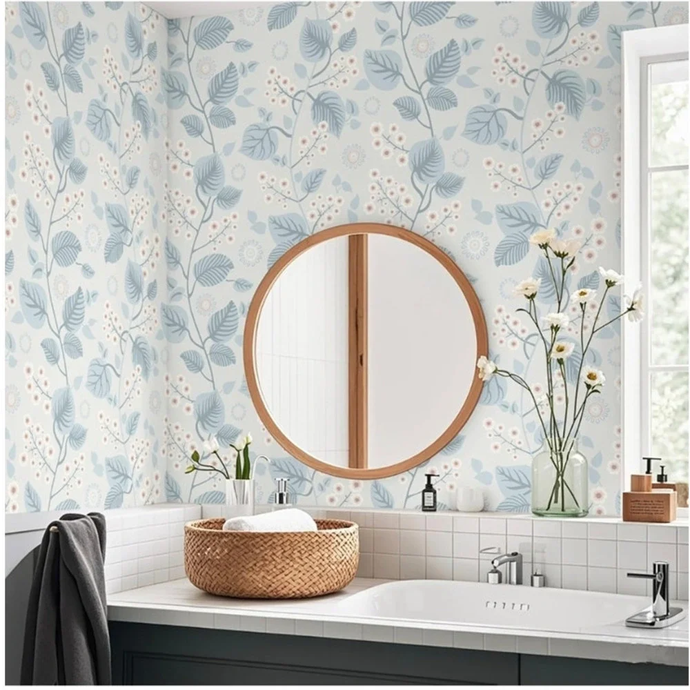Drhwefsq Floral Peel Stick Wallpaper Blue White Leave 17.3
